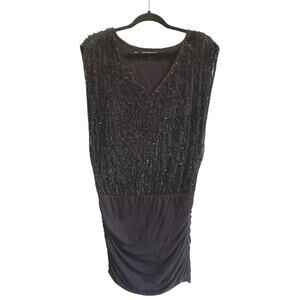 Guess Black Beaded Cocktail Party Dress Sleeveless V Neck Ruched Y2K Vintage M